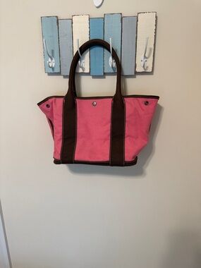 Vintage J. Crew Pink Canvas Tote with Brown Trim, Handles and Expandable Snaps